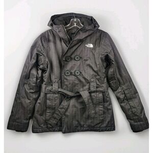 The North Face Double Breasted Belted Jacket  Black Stripe Hooded Zipper Size S‎